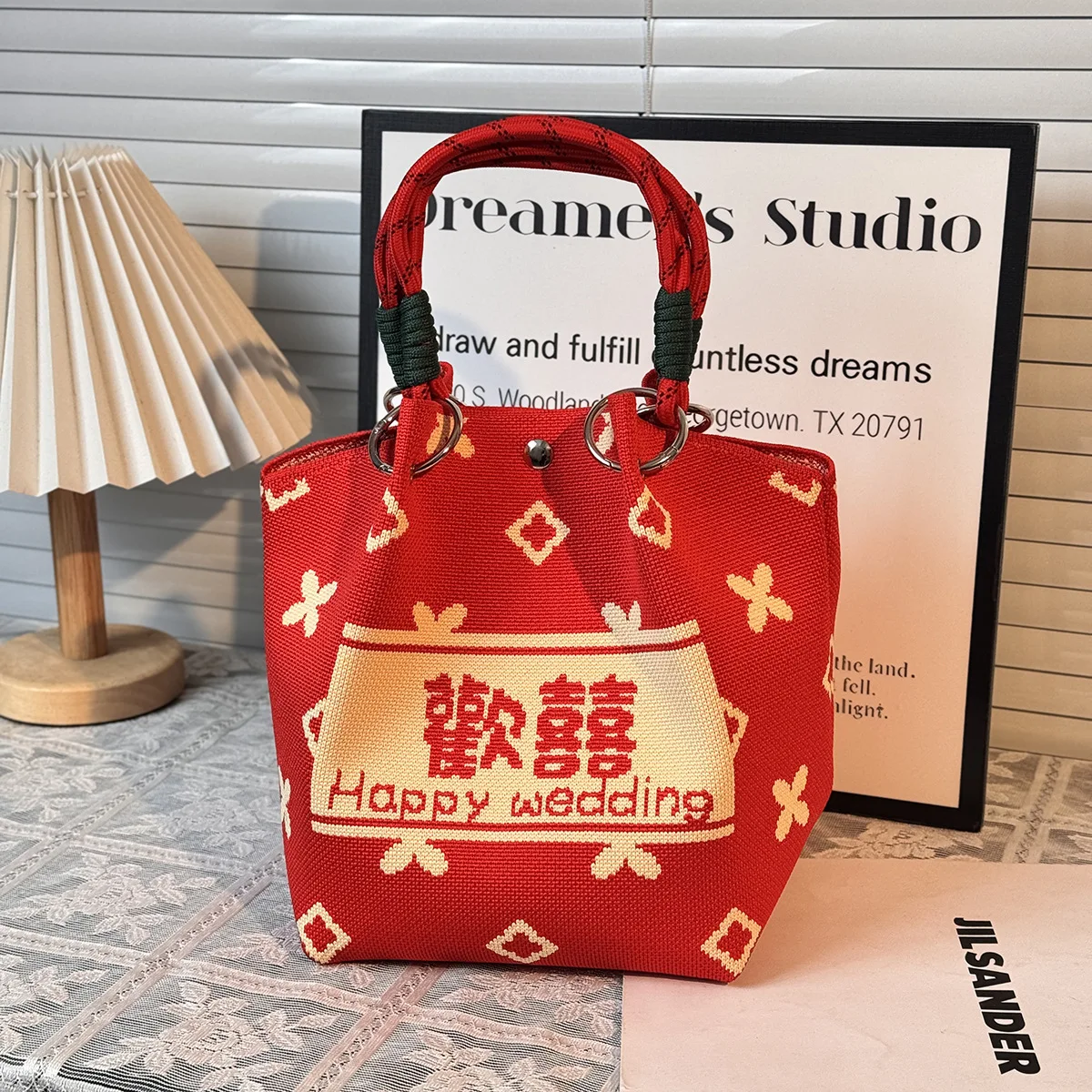 Chinese Blessing Phrases Knitted Handbag, High-Quality Eco-Friendly Wedding Gift Bag, Multifunctional Large-Capacity Tote Bag, Suitable for Gifting to Family, Friends, Classmates, Holiday Shopping, Fashionable Handbag, Daily Casual Outing, Carrying Essentials, Women's Bag