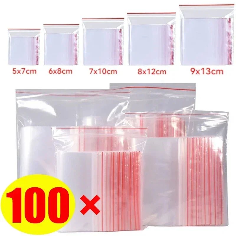 100Pcs Self-sealing Bag Transparent Plastic Bag Reclosable Food Preservation Storage Zip Reclosable Reusable Pouch Packaging Bag