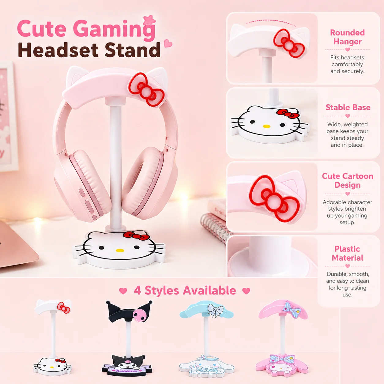 Sanrio Cute Gaming Desk Headset Holder Cinnamoroll Desktop Headphone Holder My Melody Kawaii Headphone Rack Cartoon Room Decor - view 5