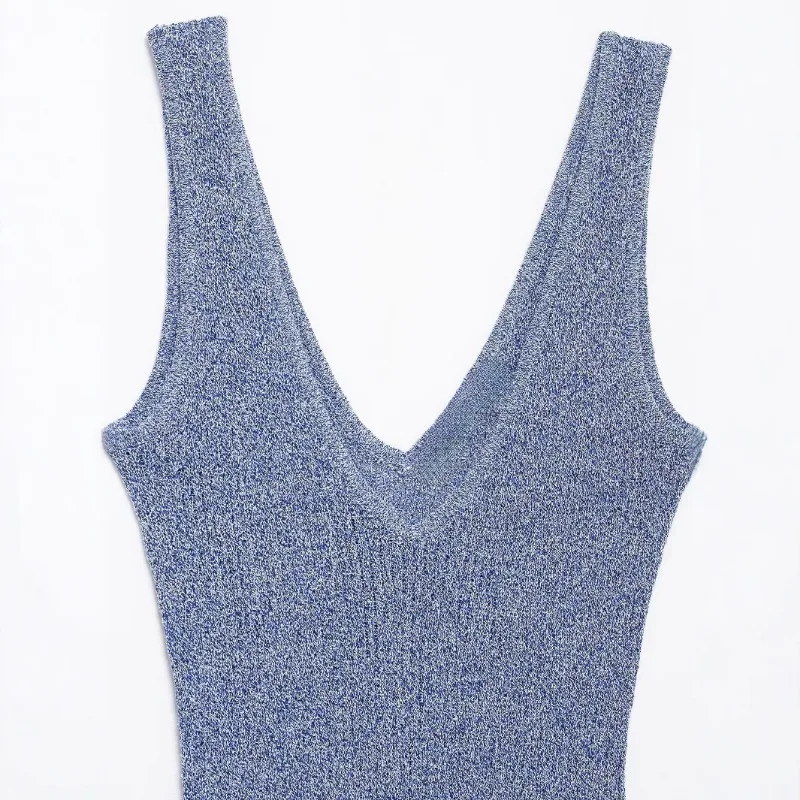 ถักBodycon Slimชุดยาวผู้หญิงฤดูใบไม้ผลิ 2025 ใหม่ผู้หญิงแฟชั่นวันหยุดลมแขนกุดVคอMidiชุดVestidos