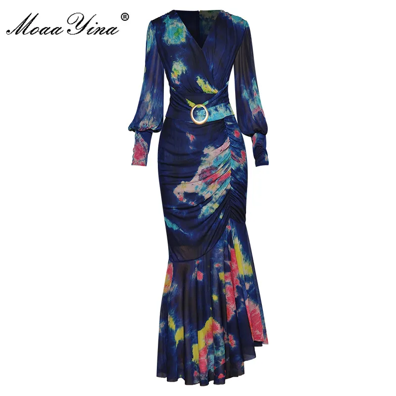 

MoaaYina Fashion Runway dress Autumn Women Dress V-neck Lantern sleeve Folds Tie Dye Print Slim Party Mermaid Dresses