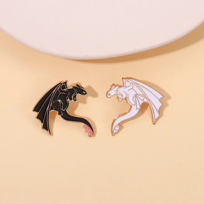 Monster Dragon Enamel Pins Custom Black White Western Dragon Brooches Lapel Badges Funny Puns Jewelry Gift for Kids Friends