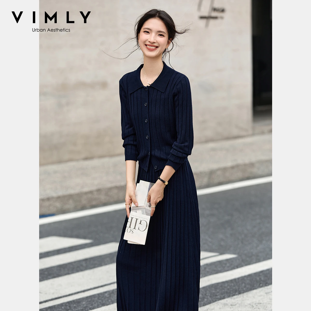 

VIMLY женский вязаный комплект из двух предметов, праздничный элегантный топ с воротником-поло, осень 2025, драпированные юбки миди, новые одинаковые комплекты 75132