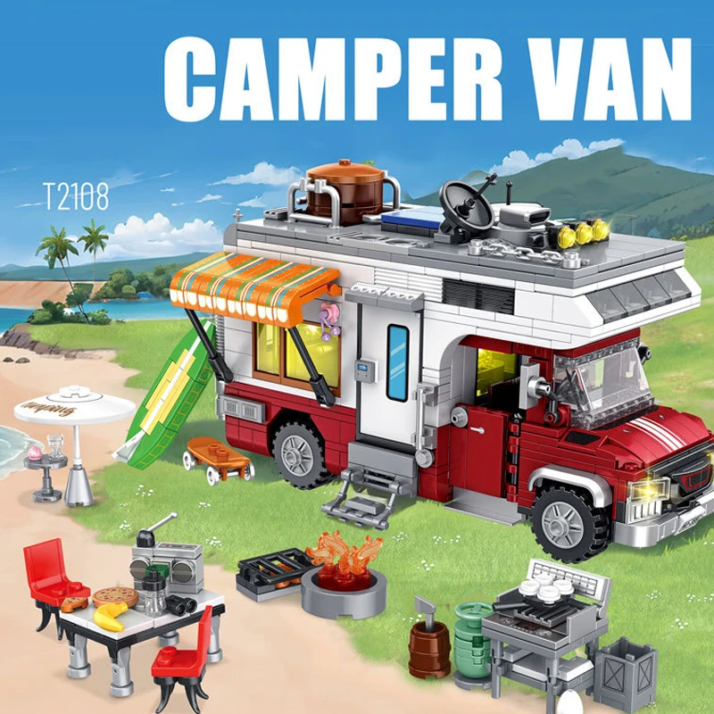 

927PCS Camper-Van Building Blocks Set Creative Camper Vehicles Model Bricks with Lighting DIY Puzzy Toys Gift for Children Boys