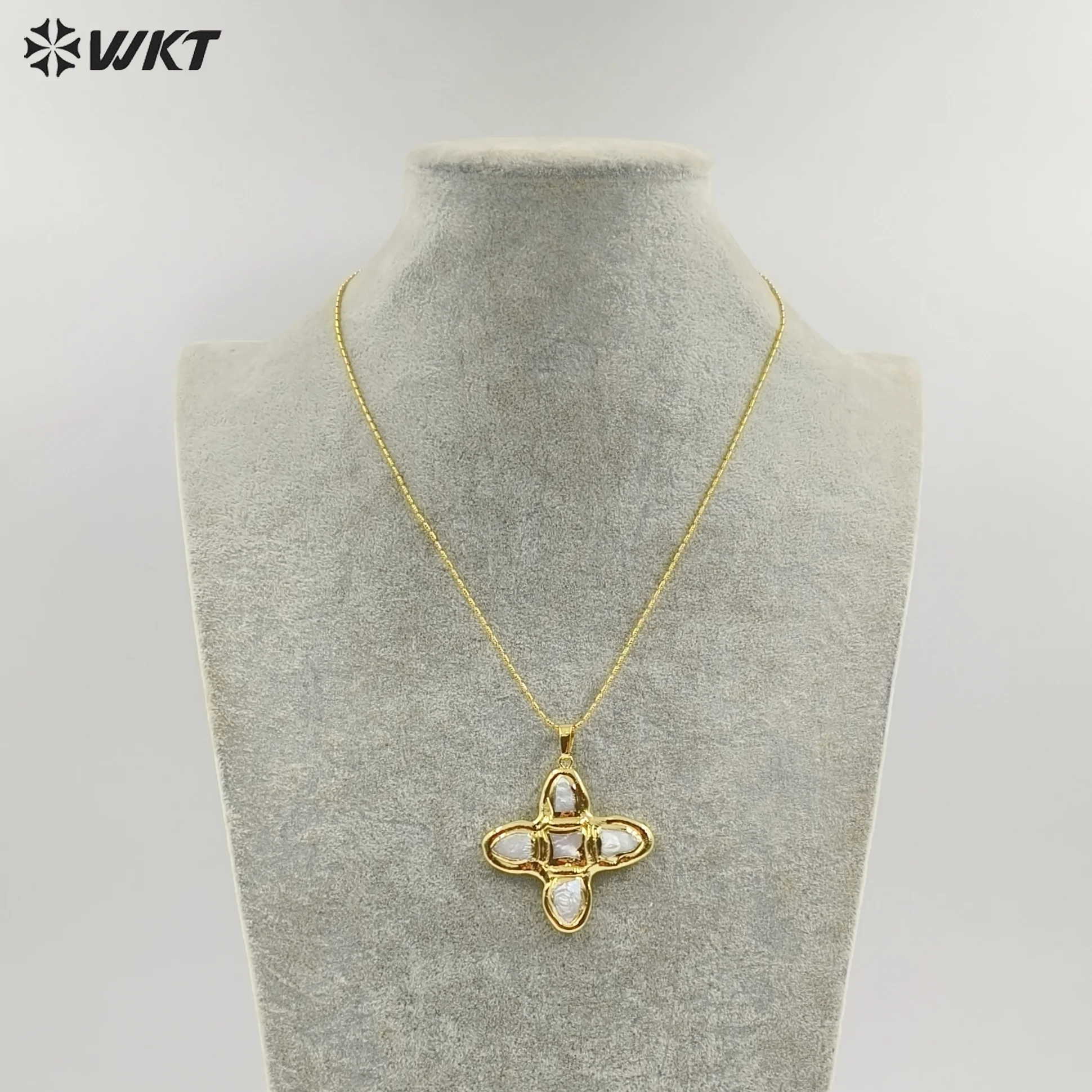 WT-JN340 Natural Freshwater 18inch Pearl Cross Shape Necklace With 18k Real Gold Plated  For Girls Wedding Gifts