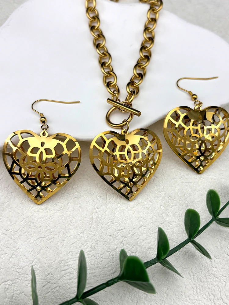 

Exaggerated Flower Hollow Love Heart Pendant Necklace Earrings Set For Women Stainless Steel Gold Color 2-Layer Jewelry Gift