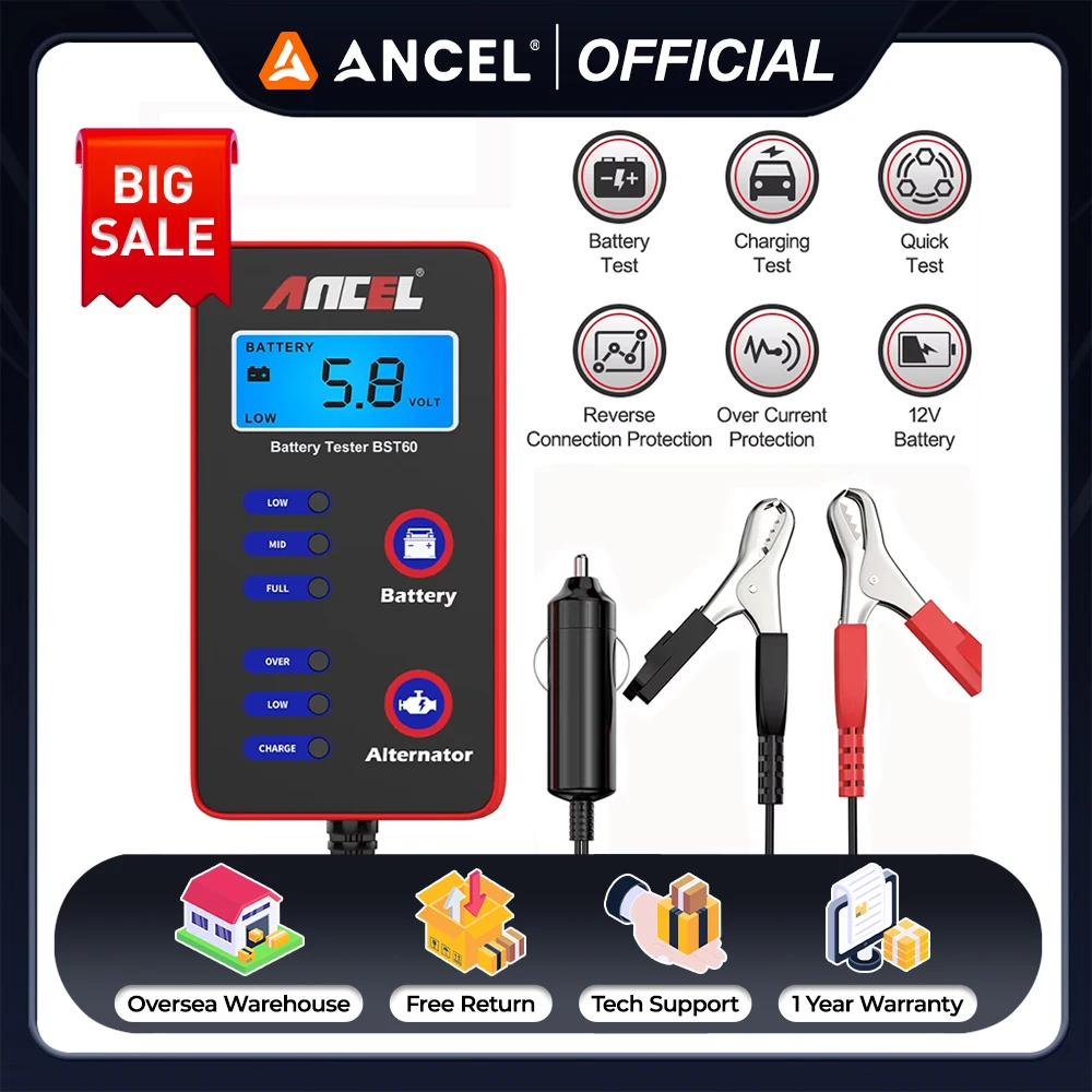 

2025 ANCEL BST60 Digital Car Battery Tester 12V Detect Auto Battery Analyzer Alternator Charging with Cigarette Lighter Adapter