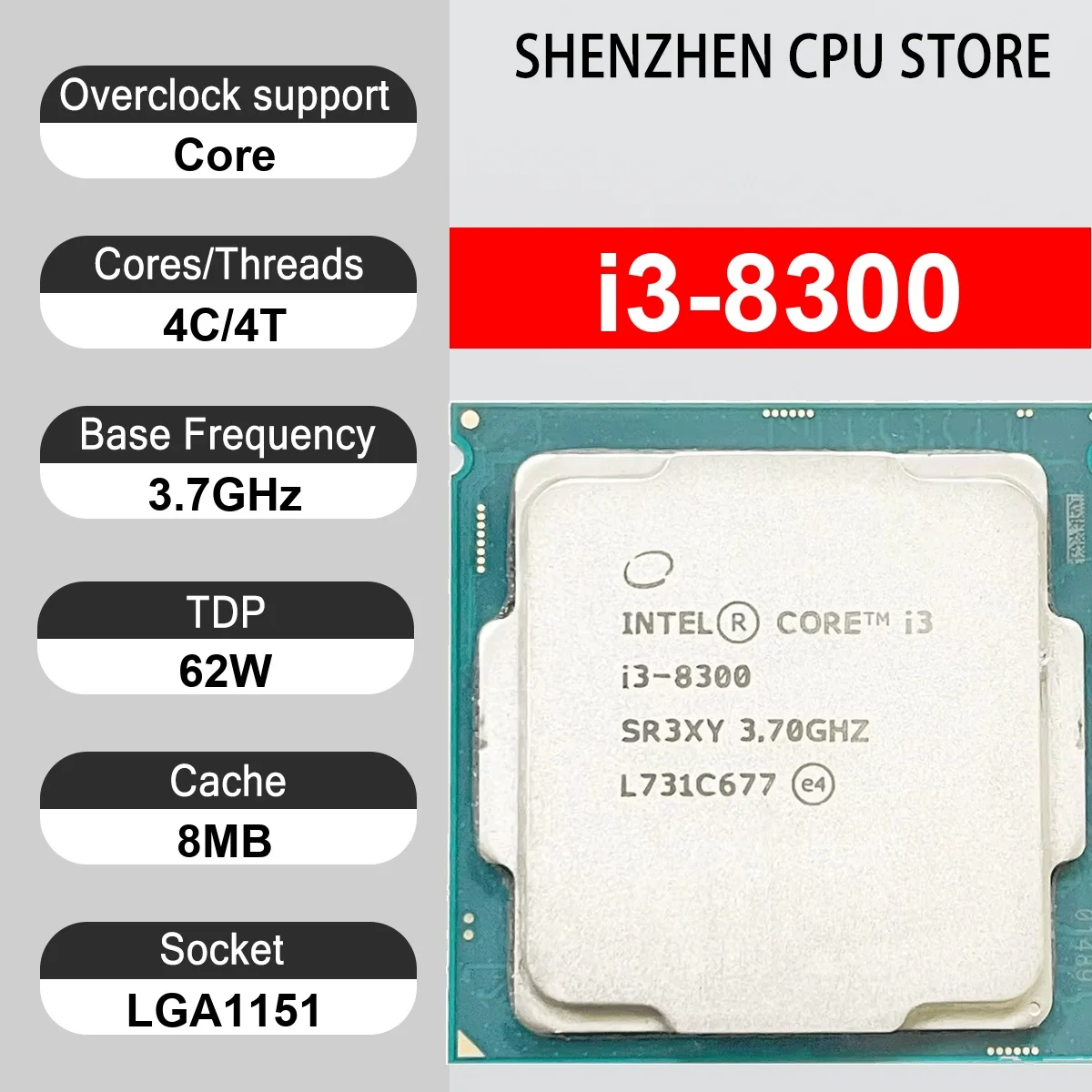 Intel Core i3-8300 4 Core 4 Thread 3.7GHz 62W 8MB Cache 14nm Coffee Lake-S DDR4-2400 MHz SR3X7 LGA1151 UHD Graphics 630