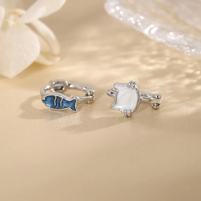 Blue White Cat Fish Ear Buckle Cute New Style Earrings with Ocean Theme Ear Jewelry Asymmetric Earrings For Women KOFSAC view 4