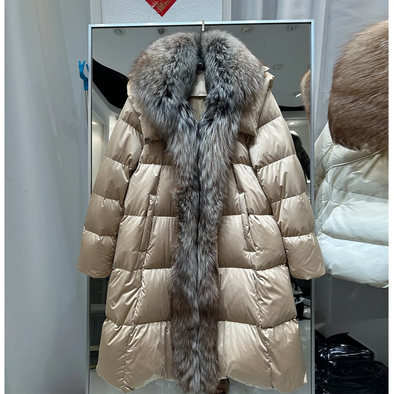 European Sle Thiened Mid-Length Hooded Fur Collar down Jaet Women's Coat  Fur Collar Long Over-Knee Outerwear