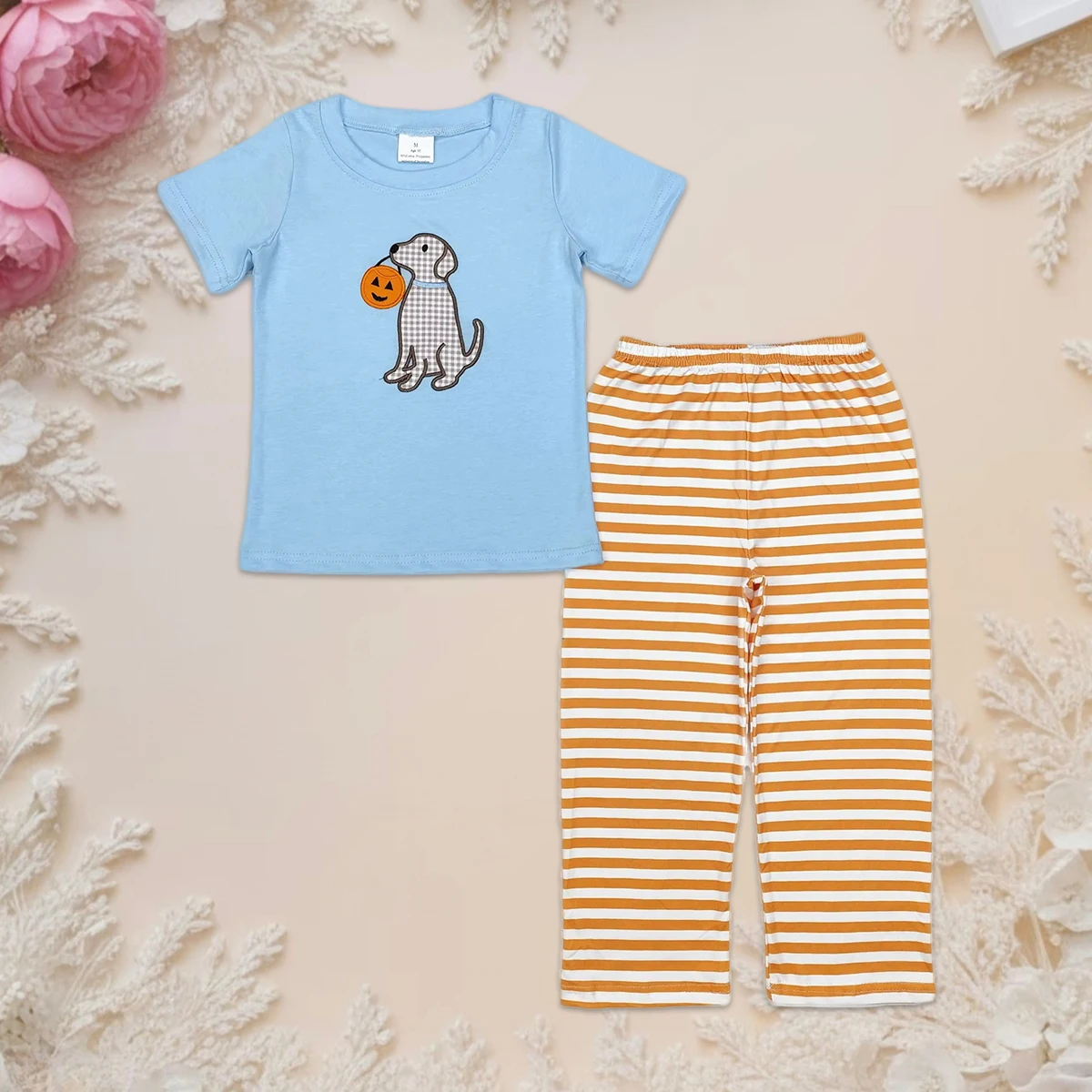 

Baby Boy Toddler Thanksgiving Outfit Short Sleeves Embroidery Pumpkin Dogs Cotton Top with Striped Pants Set for Kids Wholesale