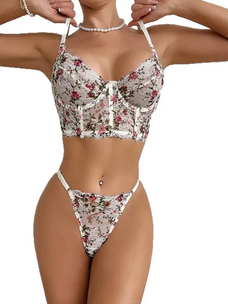 Pastoral Style Hot-Selling Sexy Lace Print Camisole Fishbone Bikini Beach Vaction Pool Party Casaul Pure Desire Bikini RB1C