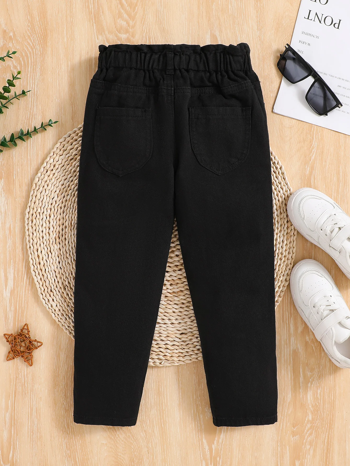 Girls,medium and large children,four seasons,copper buckle,denim cotton pants,waist elastic,black