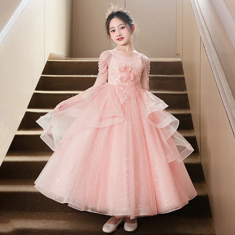 

Вечернее платье принцессы для девочек на свадьбу, день рождения, бальное платье из тюля, торжественное платье с цветочным узором для девочек, детский элегантный костюм