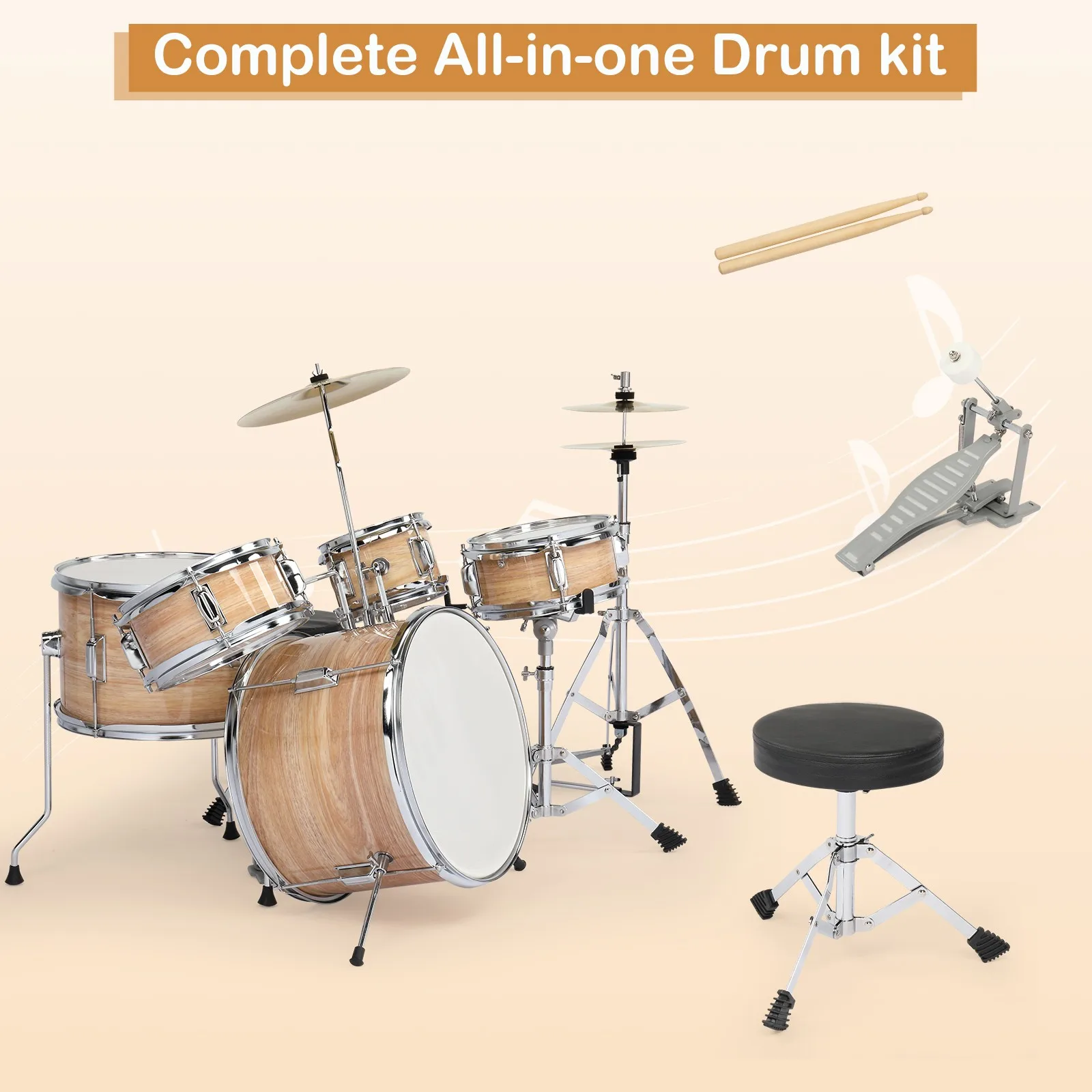 Glarry 5 Pieces Full Size Child Drum Set Cymbals Kit with Stool & Sticks