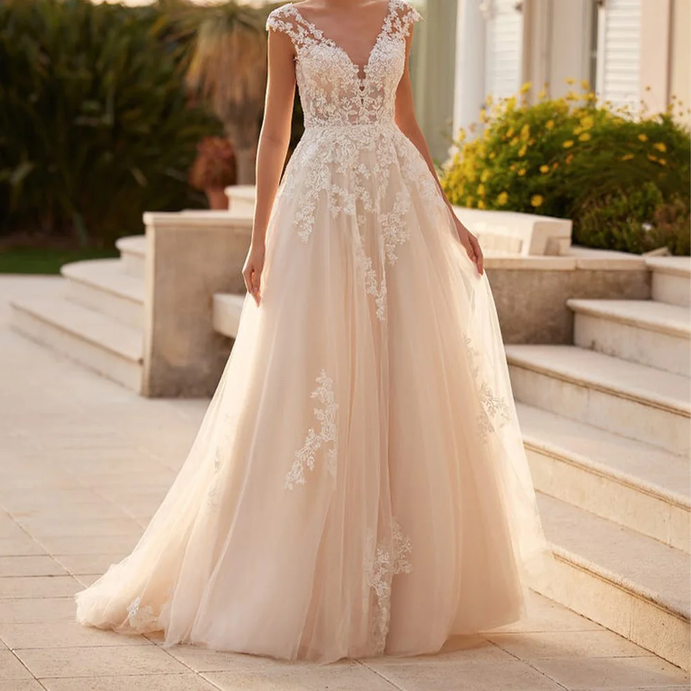 Elegant and Exquisite Appliques Cap Sleeve Tulle Wedding Dresses A-Line Buttons Back Sleeveless Sweep Train V-Neck Bridal Gowns