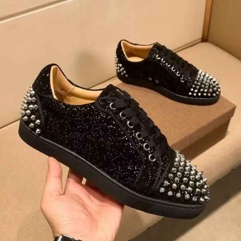 men\'s casual genuine leather rivets shoes lace-up flat studded shoe punk rock dress black trendy sneakers youth footwear zapatos