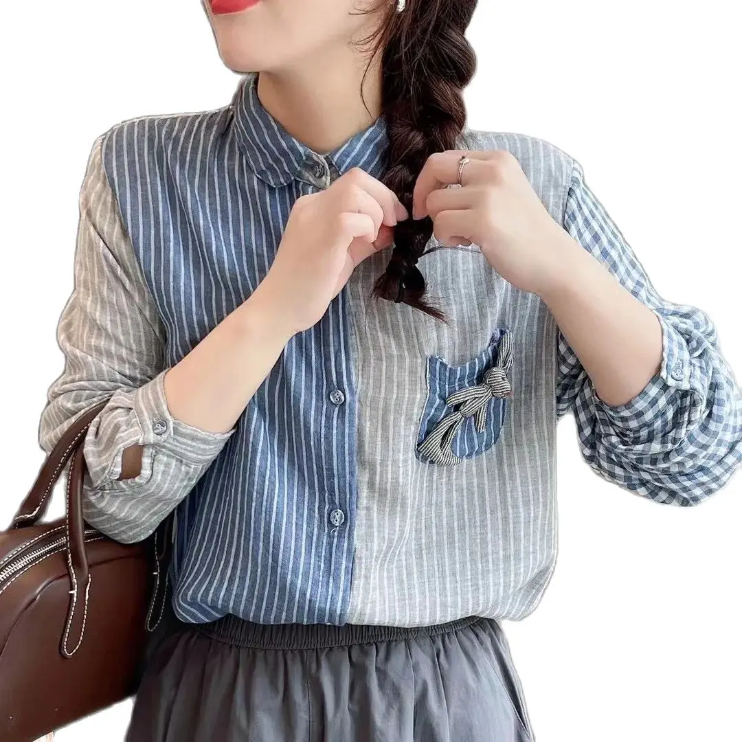 New Spring Cotton Striped Shirt Women Lapel Long Sleeve Tops Girl Retro Doll Versatile Commute Loose Blouse 2024 Autumn T43738QC