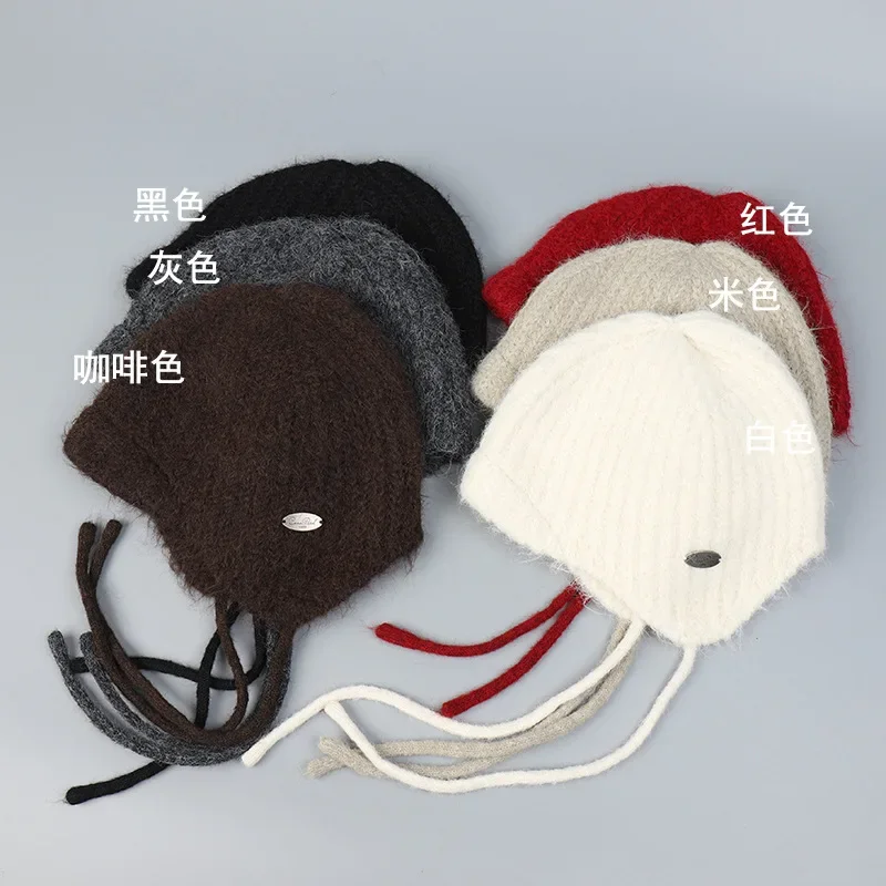 Autumn Winter New Models Wool Blended Knitted Beanie Hat Mohair Cold-proof Women\'s Warm Ear Protection Headgear Bomber Hat