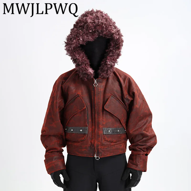 

MWJLPWQ Tide винтажная кожаная плюшевая нишевая рабочая одежда с капюшоном пальто мужская уличная новая модная функциональная куртка с металлической пряжкой 12805