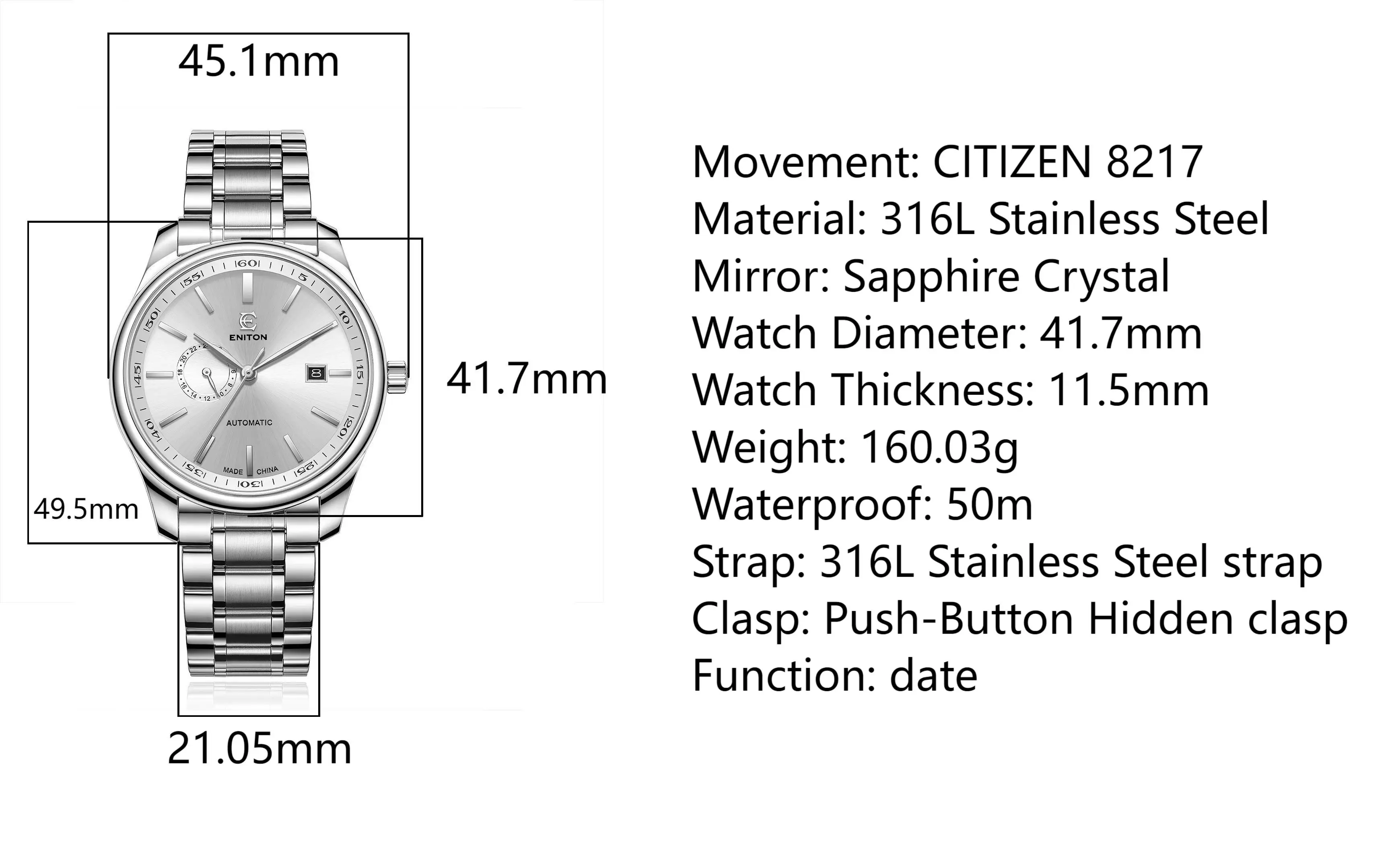 ENITON 41 ミリメートル 8217 ドームサファイアガラストップブランド 50 メートル防水機械式時計ビジネス高級ファッション時計メンズ腕時計