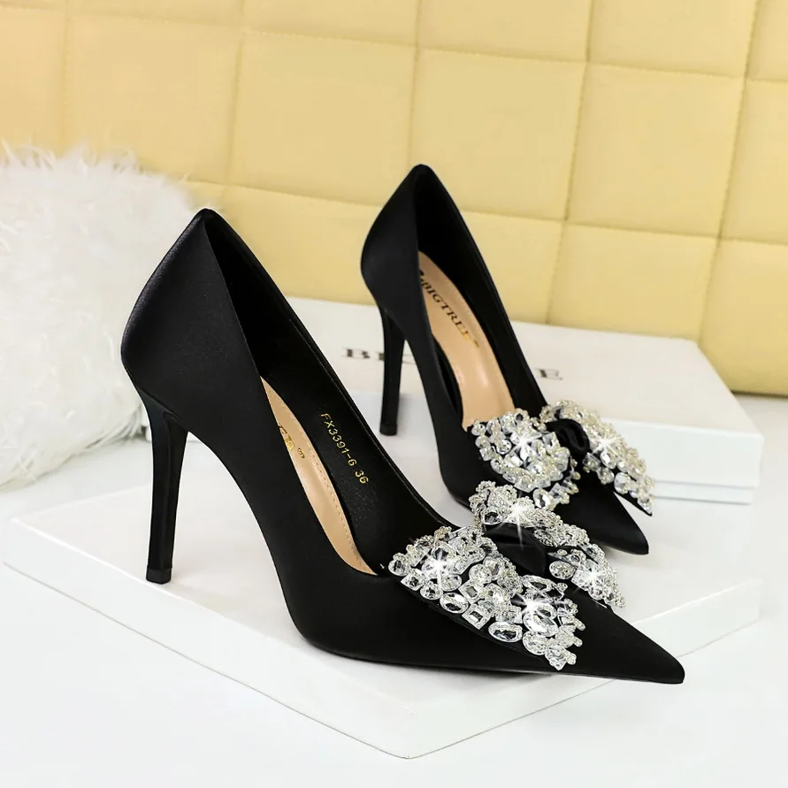 

BIGTREE Большой бант со стразами Высокие каблуки Платье для выпускного вечера Женские туфли-лодочки на шпильке 10 см Шелковые милые туфли на высоком каблуке Светло-золотисто-розовые