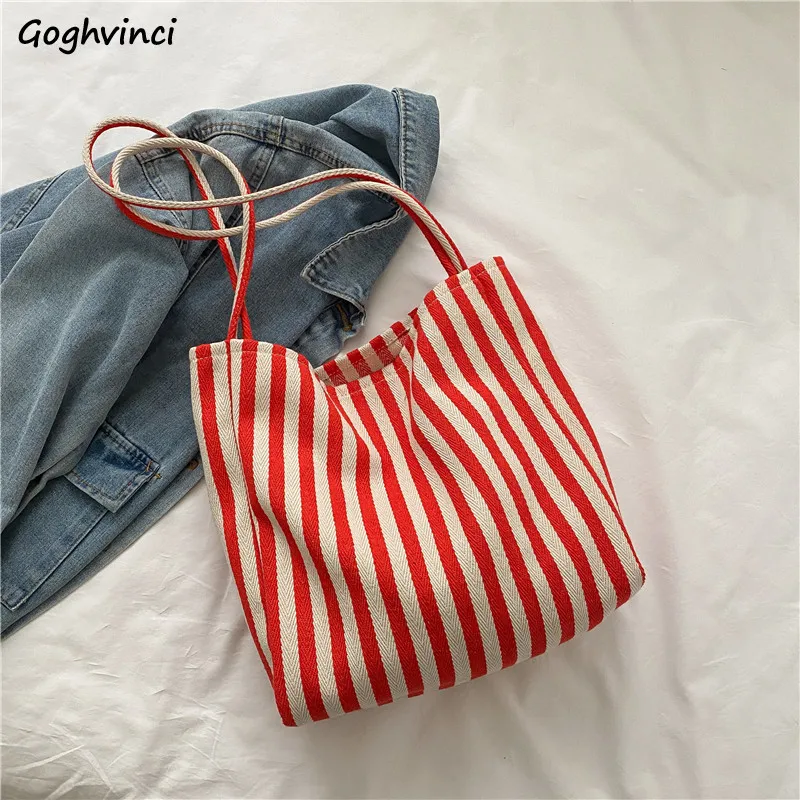 Women Shoulder Bags Portable Large Capacity Shopping Canvas Bag Underarm Simple Striped Totes Ins Korean Ulzzang Handbag Female