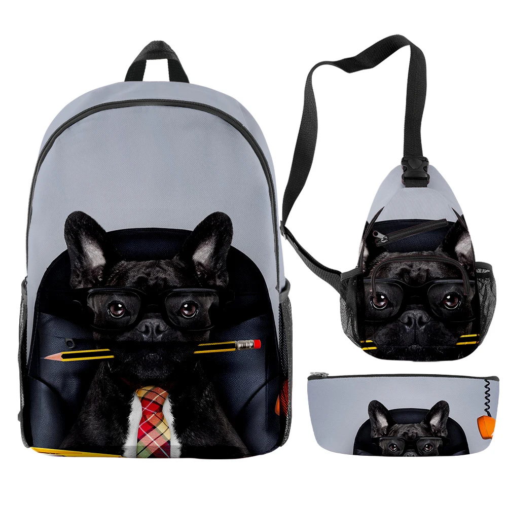 Harajuku ความแปลกใหม่ Cool French Bulldog 3 ชิ้น/เซ็ตกระเป๋าเป้สะพายหลัง 3D พิมพ์กระเป๋าถือแล็ปท็อป Daypack กระเป๋าเป้สะพายหลังกระเป๋าดินสอกรณี