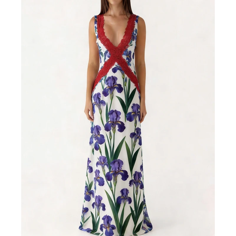 

Women Sleeveless Floral Print A-line Tank Long Dress V-Neck Lace Patchwork Summer Party Gown Elegant Boho Evening Beach Sundress