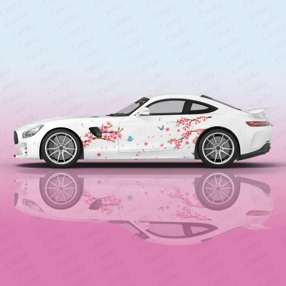 Pink Flowers and Flying Butterflies Car Body Stickers Vinyl Car Side Decal Decoration ﻿Auto Accessories Decoration Wrap Cover