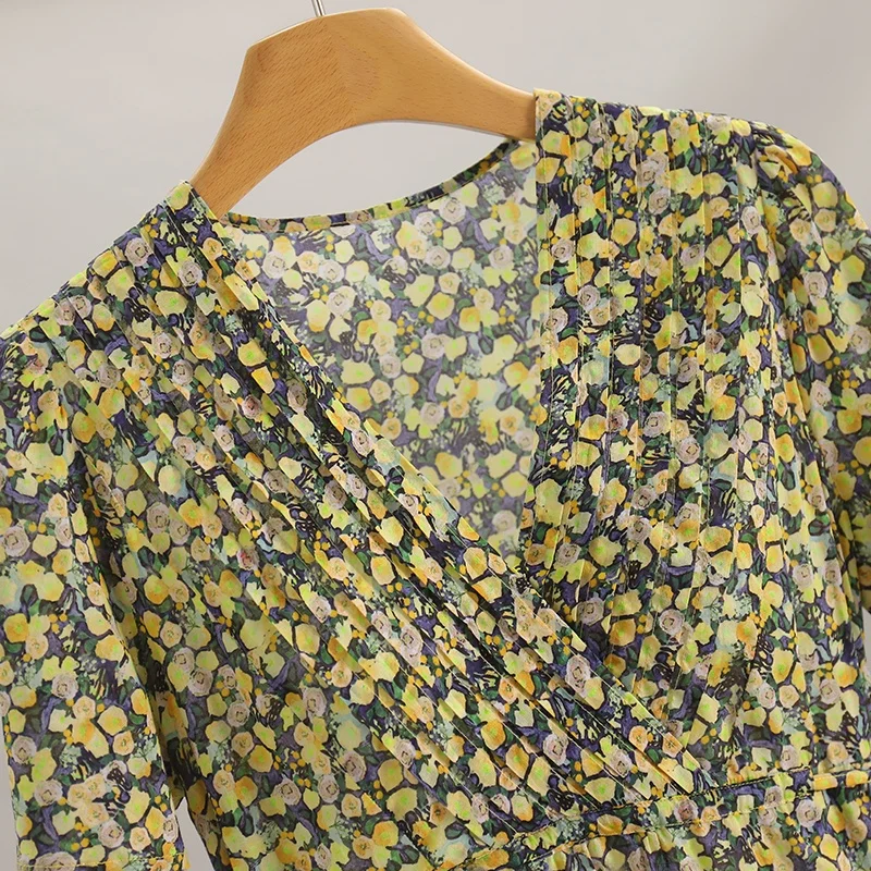 Ele Floral Print ort Sve V-Ne Dr Casual High Waist Cotton Summer New Arrival Women's Dr A-Line Skirt