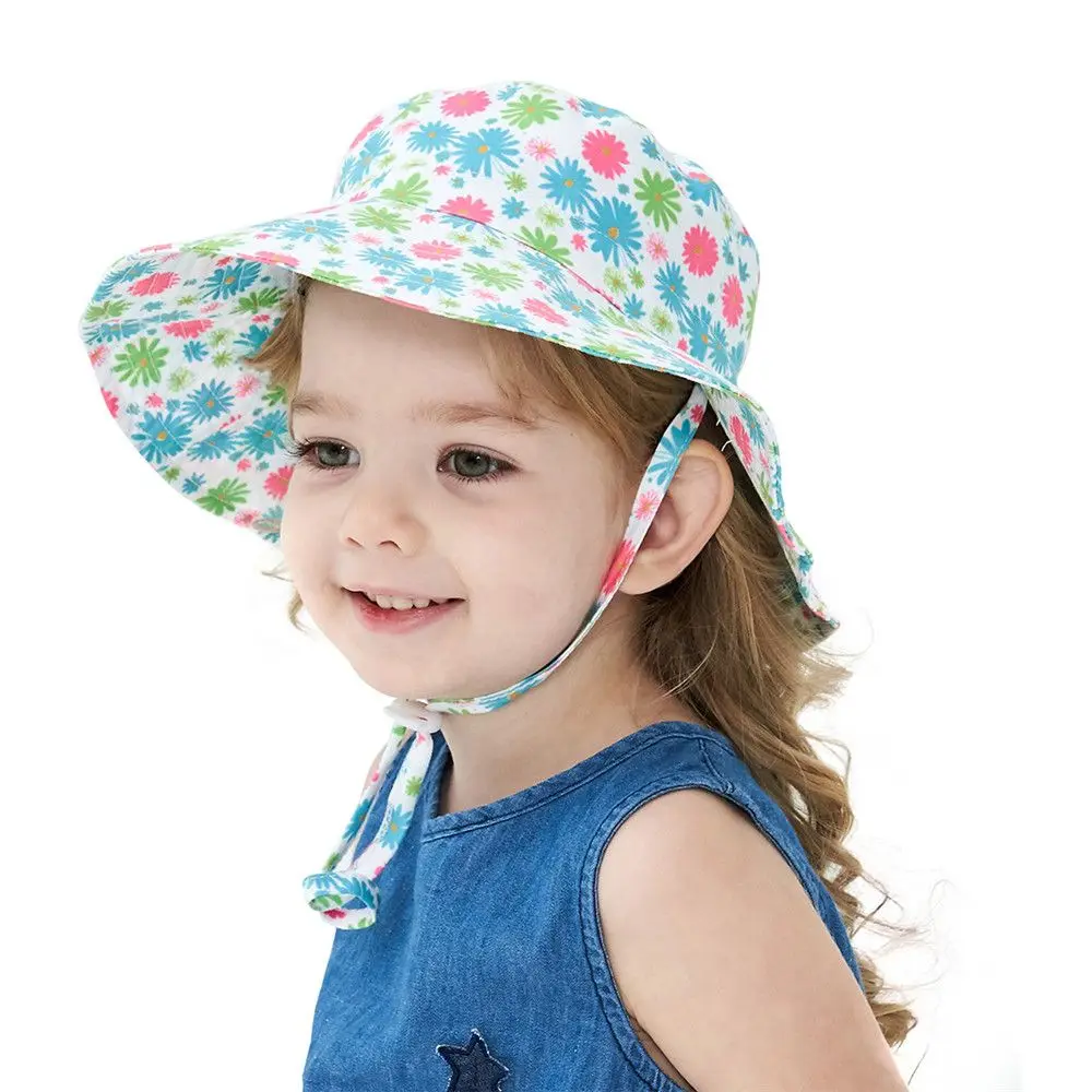 Boys Girls Summer Wide Brim Neck Ear Cover Swimming Hats Beach Cap with Adjustable Chin Strap Bucket Hat Baby Sun Hat