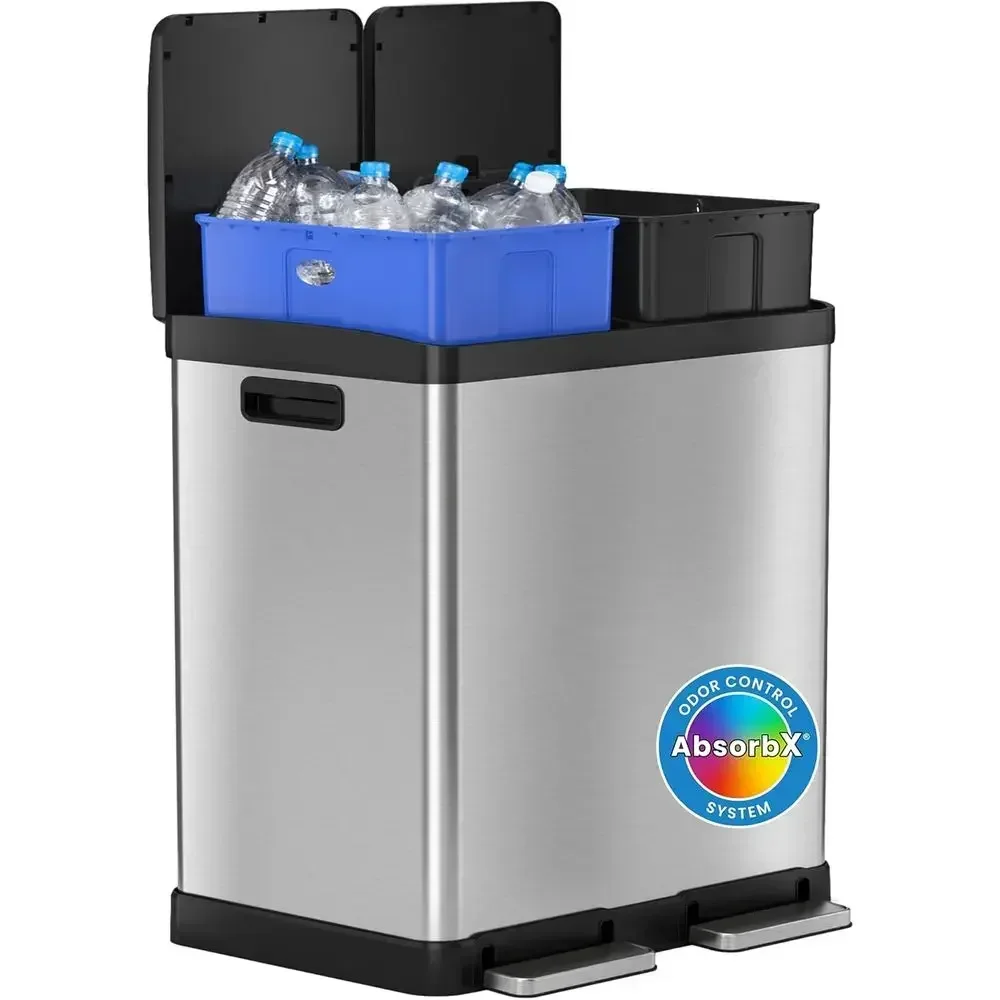 16-Gallon Dual Waste and Recycling Bin with Odor Filters, 2 x 8-Gallon Inner Buckets, Stainless Steel, Airtight Lid, Soft Close