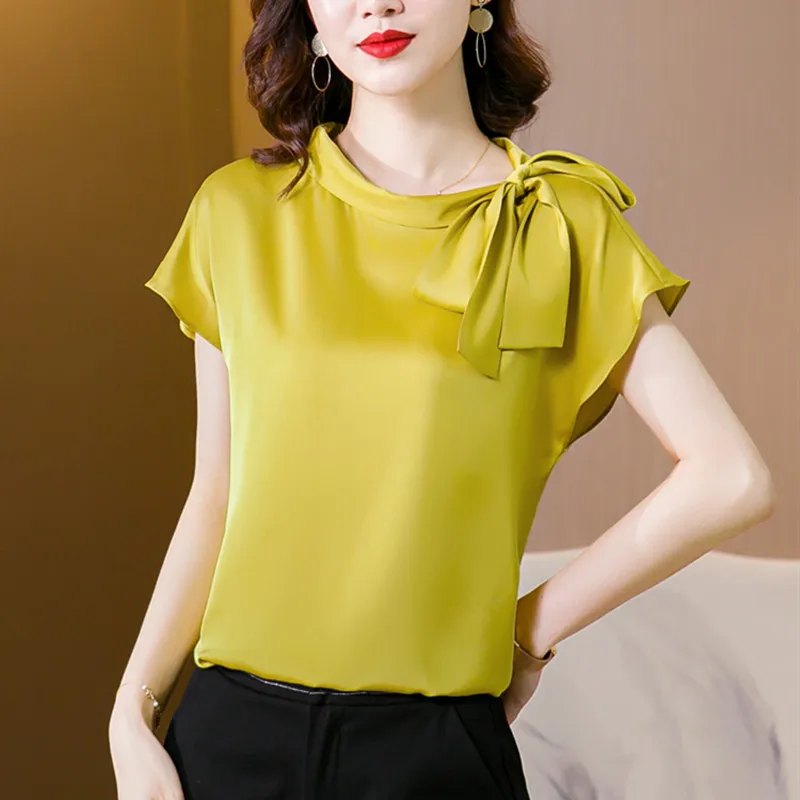 Büro dame Eis seide Shirts Frauen Vintage Chiffon Bluse Sommer Neue Acetat satin Hemd Elegante künstliche seide Bogen tops