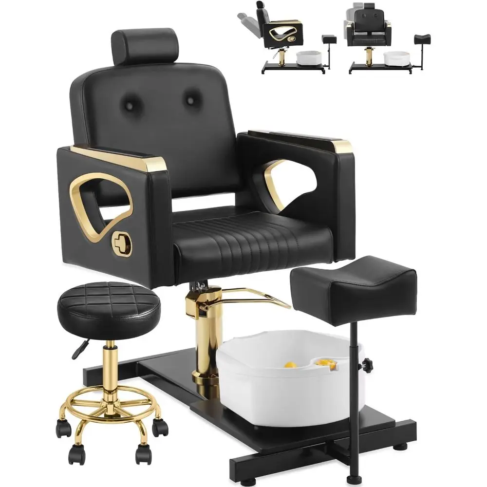 

Black Queen Size Pedicure Chair with Adjustable Footrest, Massage Bowl, and Rolling Stool - Portable Spa Station