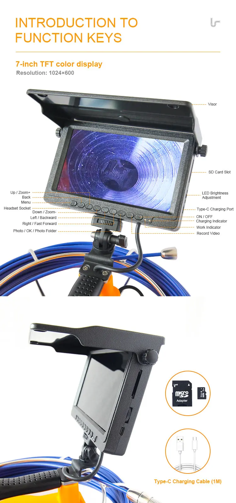 กล้องตรวจสอบท่อแบบแท่งดัน 8 ระดับความสว่าง LED - บันทึกภาพ DVR ในตัว, จอ LCD 7 นิ้ว, กันน้ำระดับ IP68, ตัวนับระยะทาง, มาตรฐาน CE RoHS