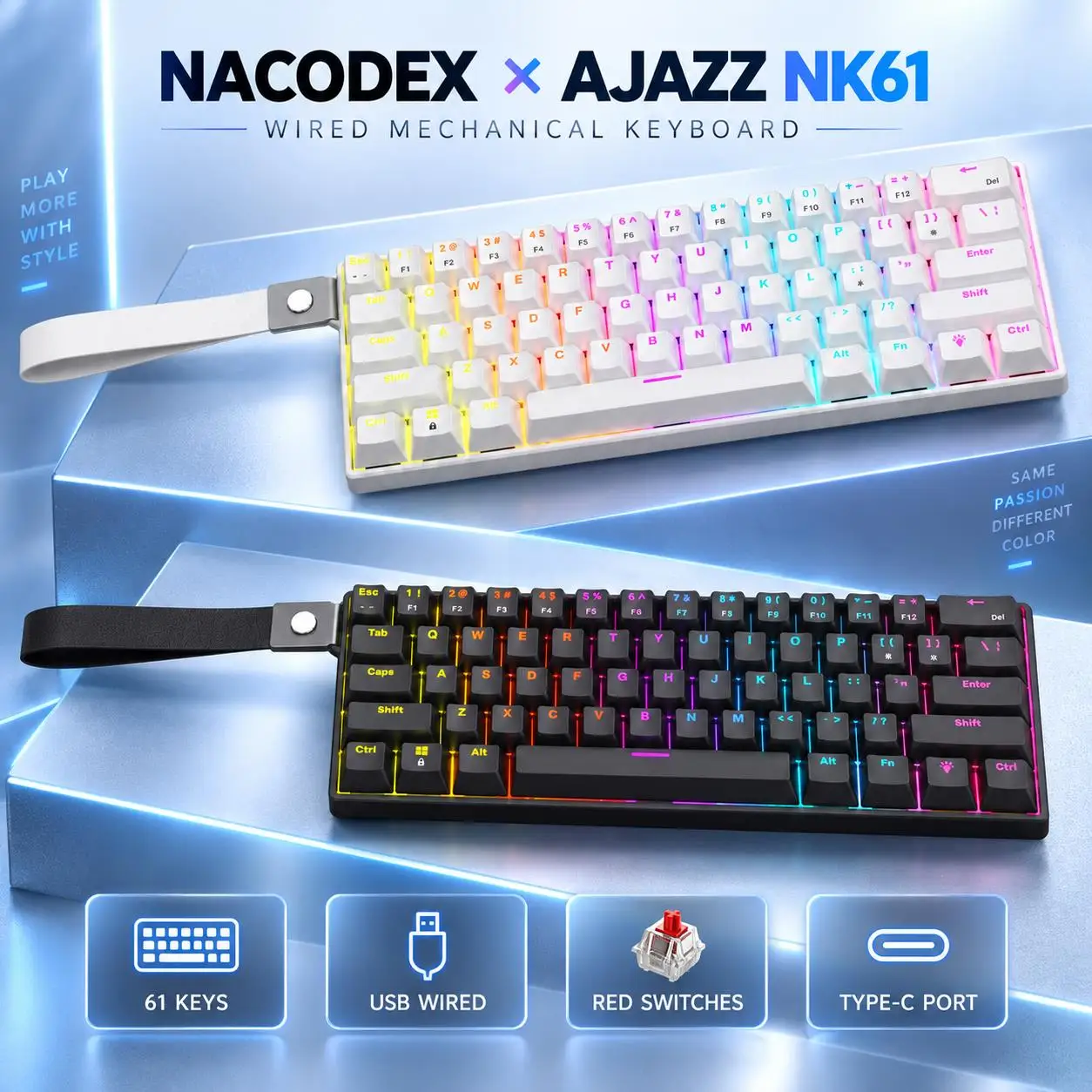 AJAZZ NK61 60% Mechanical Gaming Keyboard, 61 Keys, Linear Red Switches, Compatible Hot-Swap, USB Wired, OEM Profile Keycaps
