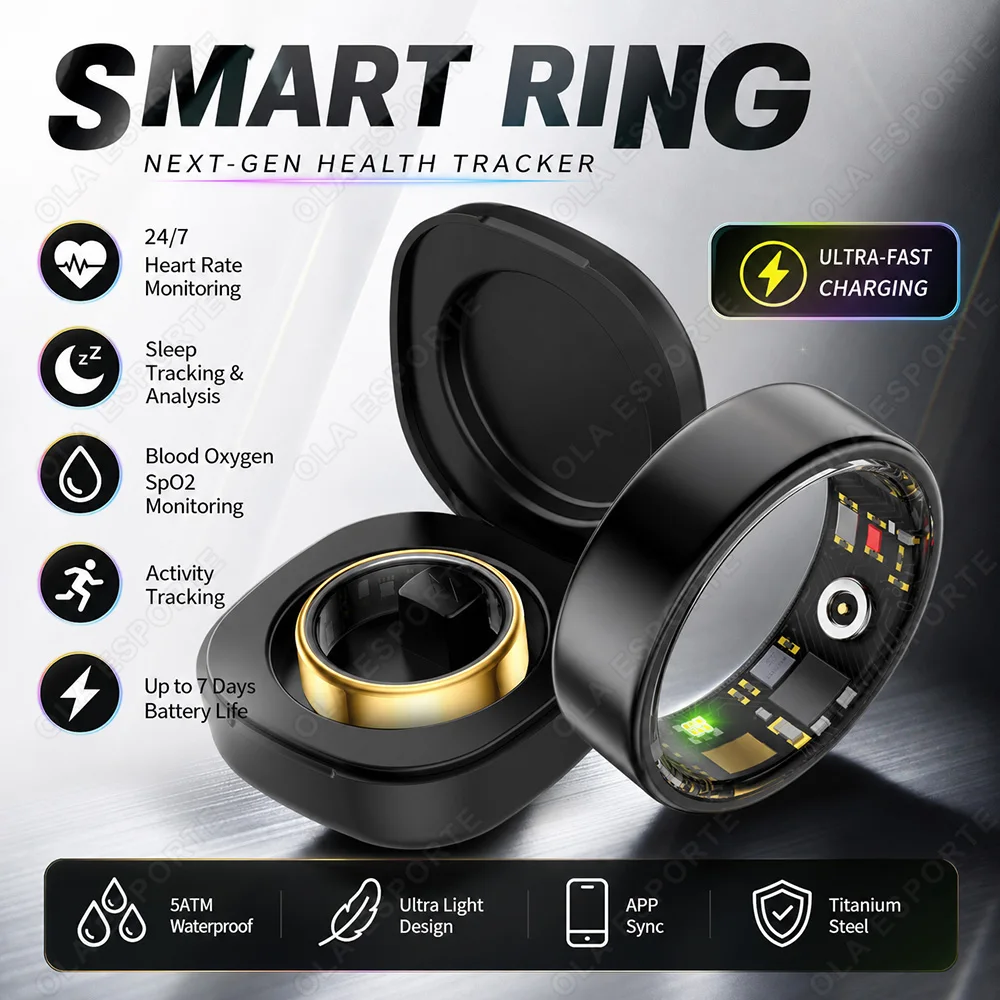 Intelligenter Ring zur Blutdruck-, Herzfrequenz- und Schlafüberwachung, Smartring IP68 Wasserdicht, Sport- und Gesundheits-Tracking Smartring für Männer und Frauen NEU