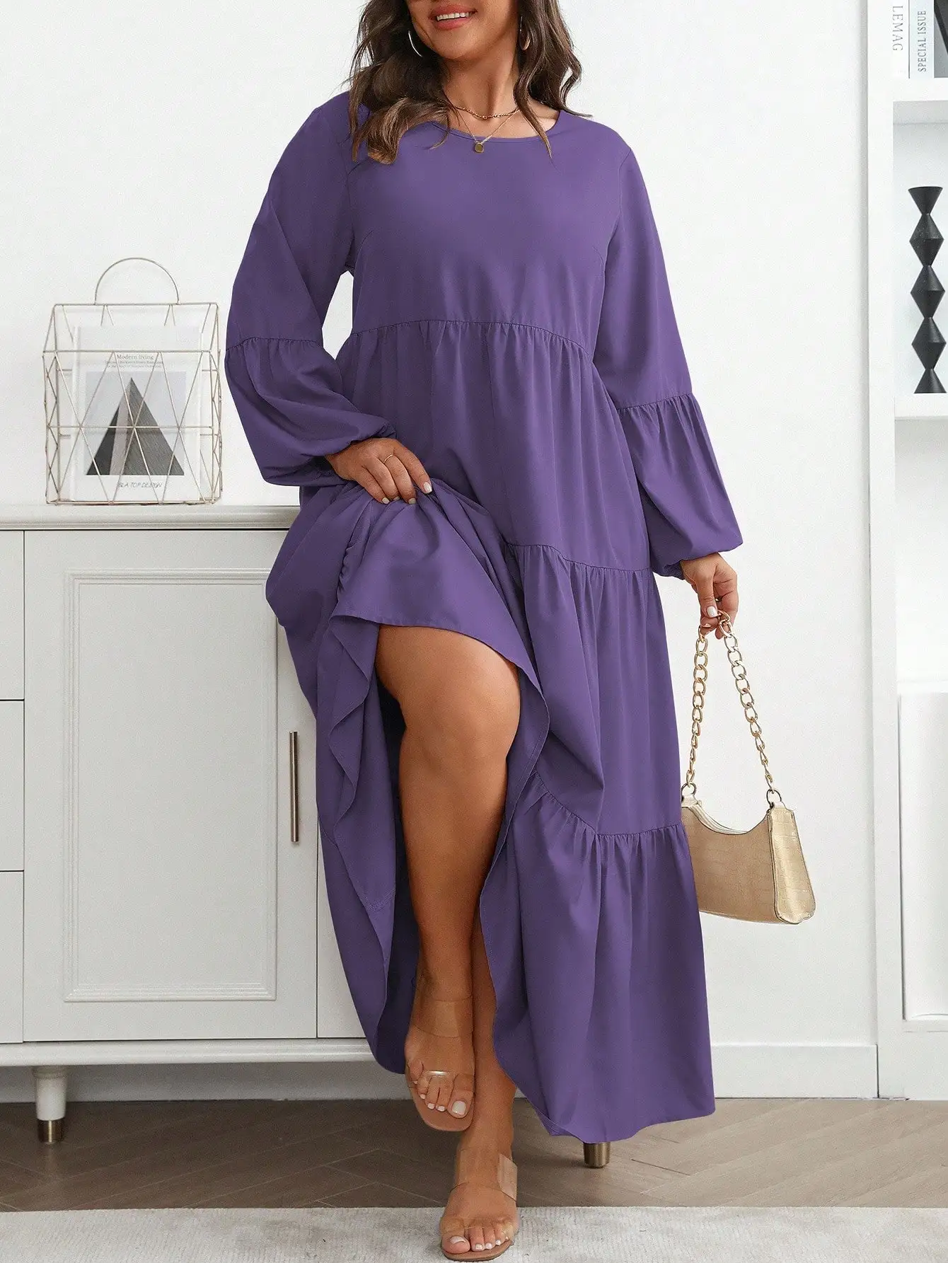 

Женское повседневное макси-платье больших размеров с круглым вырезом, рукавами-фонариками и многоярусным оборчатым подолом