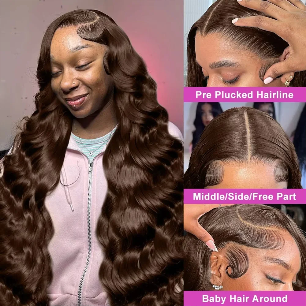 #4 Chocolate Brown Body Wave 13x4 Lace Front Wig 28 46 Inches 200% Density Brazilian Pre Plucked Human Hair 13x6 HD Transparent Lace Frontal Wigs For Women