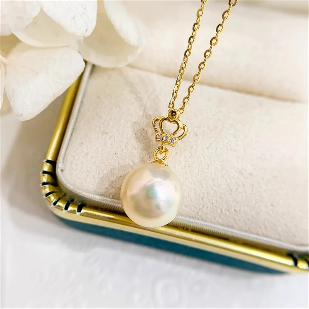 

DIY Pearl Accessories S925 Sterling Silver Pendant with Empty Support K Gold Crown Necklace Set Fit 8-12mm Round Ellipse D009