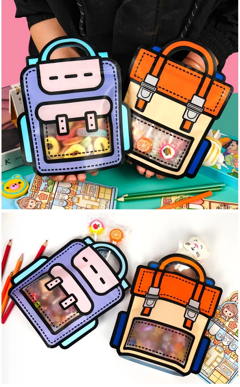 10-50 Stück Cartoon-Snackbeutel mit Selbstverschluss in Schulranzenform für Kekse und Süßigkeiten, Geschenkverpackung für Kindertag und Kindergeburtstag – Detail 11