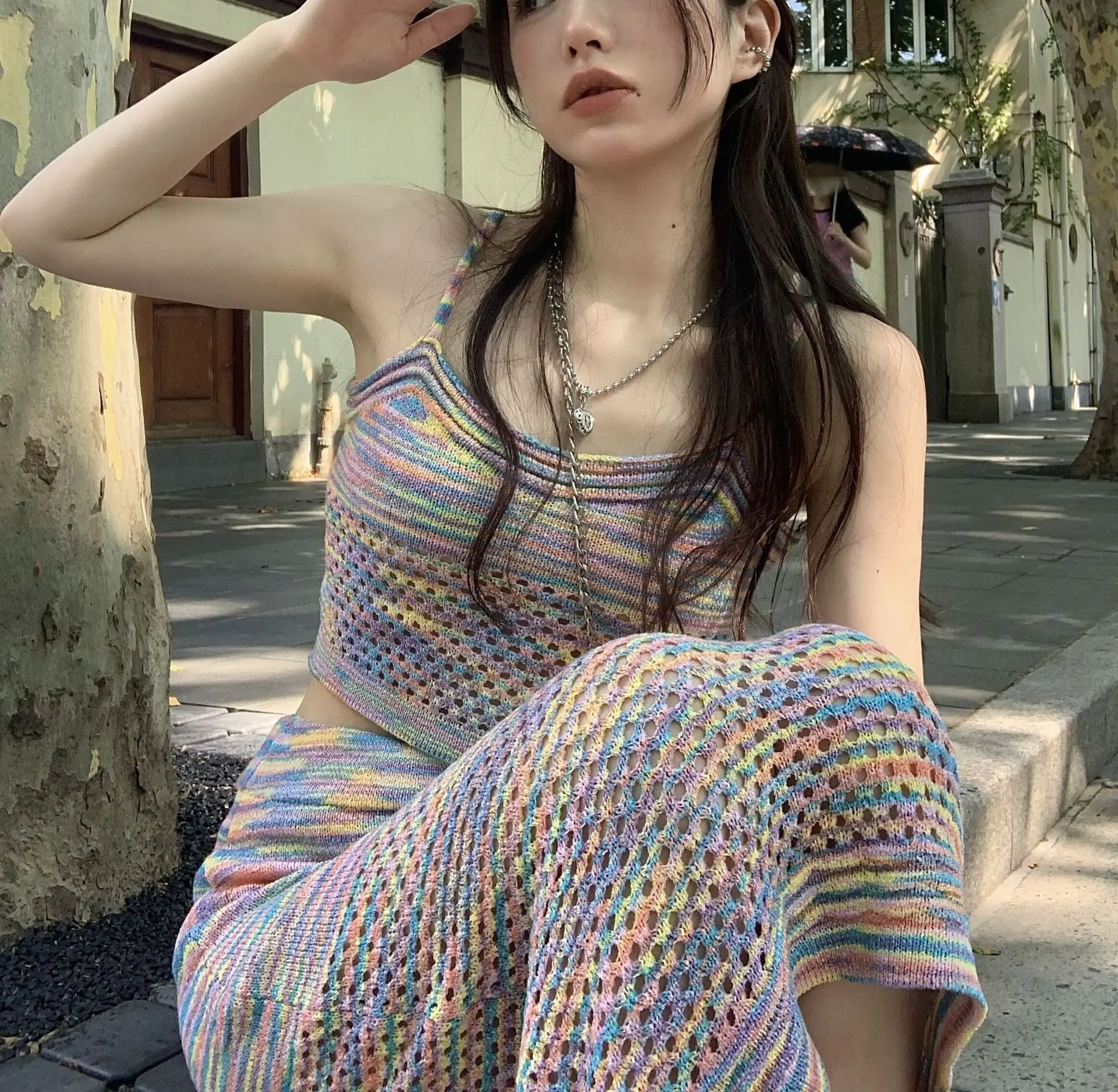 Rainbow Stripes Color Clash Skeleton Suspenders Women's Tops Knitwear Skirts Two-piece Women's Clothing