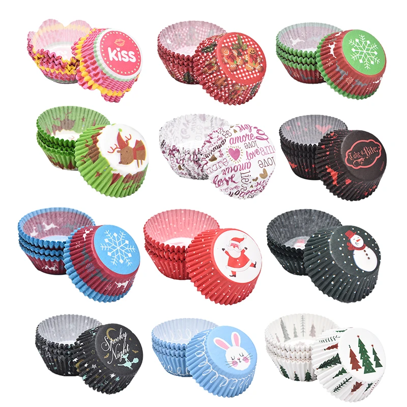 100Pcs/lot Christmas Halloween Cupcake Paper Cups Xmas Baking Cup Cake Paper Party Tray Cake Mold Decorating Tools