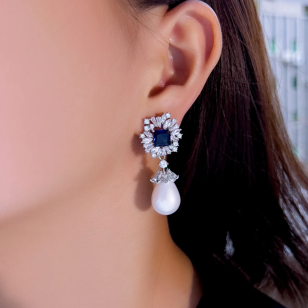 CWWZircons Sparkling Dark Blue Cubic Zirconia Dangling Drop Pearl Long Wedding Banquet Engagement Party Earrings for Women CZ982