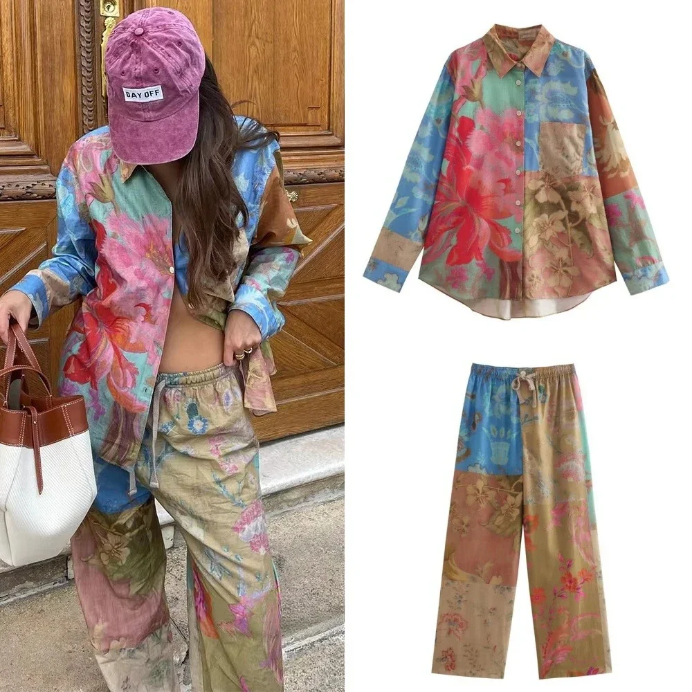 Autumn New ProductVintage Tie Dye Print Women Suit Single Breasted Blouse Straight Long Loose Pants New Fashion Boho Sets