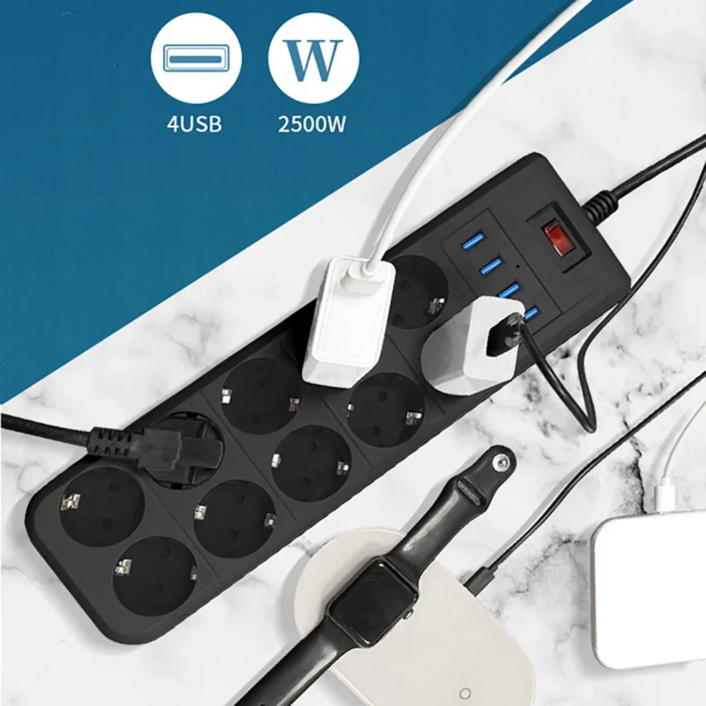 Melery Power Strip 10 Way AC Outlet EU Plug Socket USB Charging Port 2m Extension Cord Computer TV Smartphone Homekit Appliances