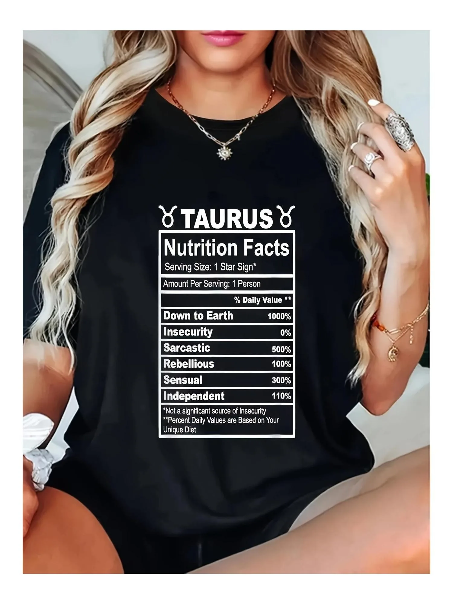 

Taurus Nutrition Facts Graphic T-Shirt Humorous Zodiac Design Casual Short Sleeve Tee Round Neck Top for Spring Summer Fall