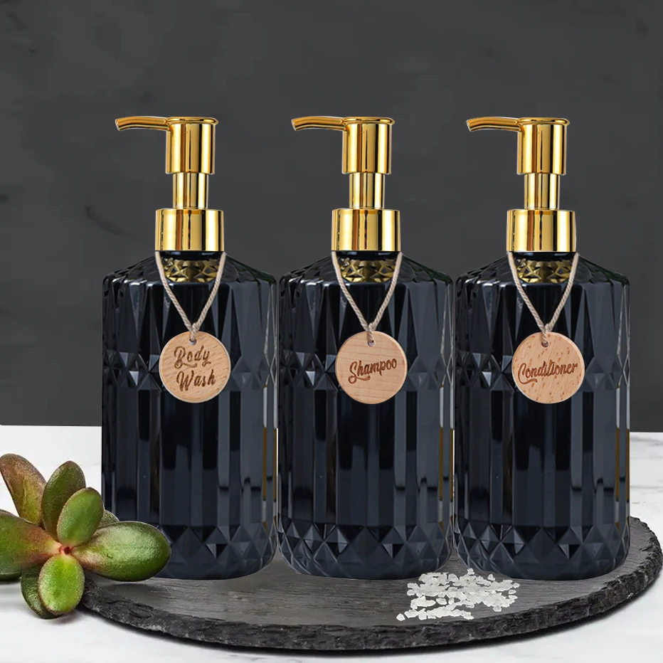 Shampoo Conditioner Body Wash Set with Wooden Tag Pump Refillable Soap Dispenser Bottle Bathroom Shower Lotion Container