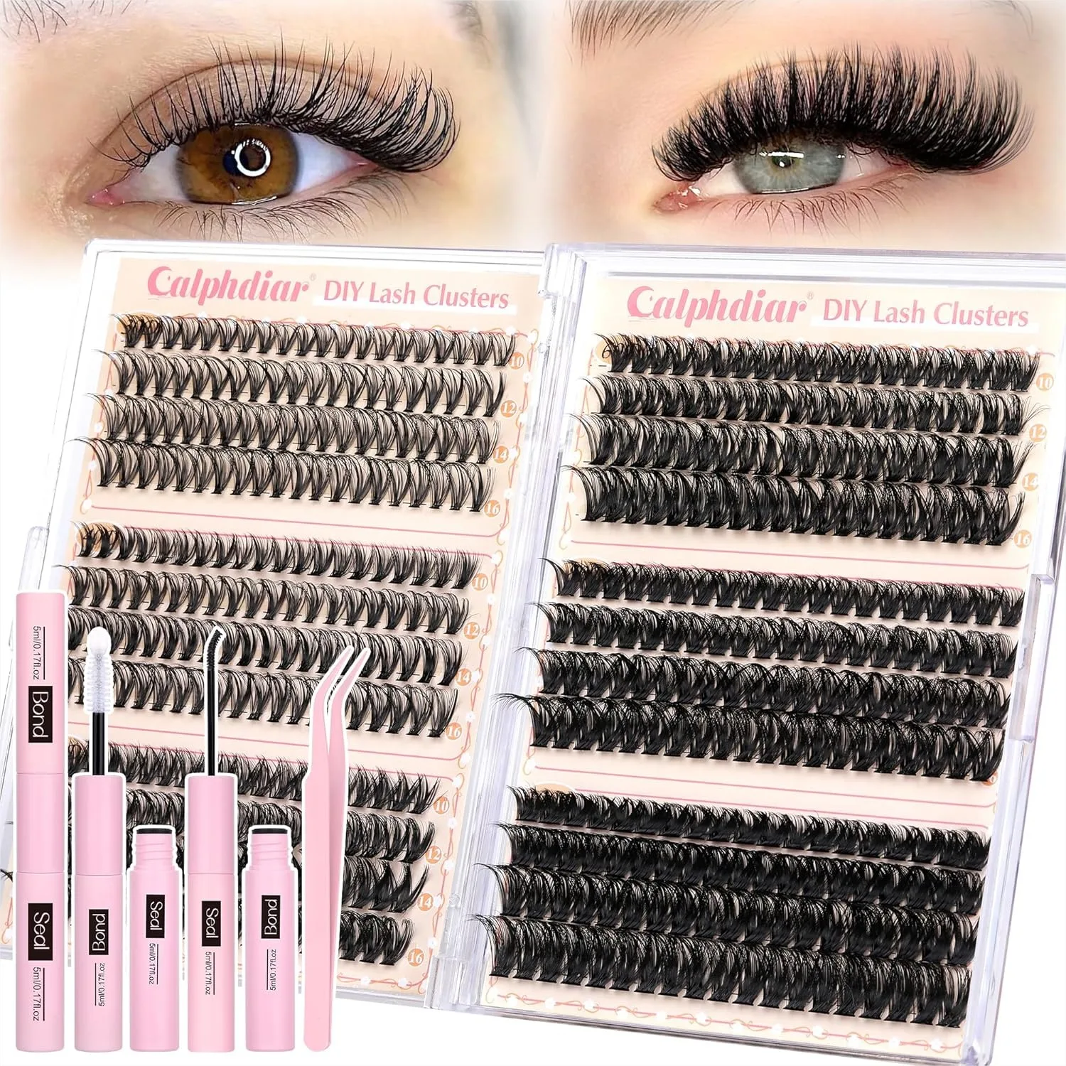 

474pcs Lash Clusters Kit 30D-100D Wispy Eyelash Extensions 8-16mm D-Curly DIY with Bond & Seal Tweezers